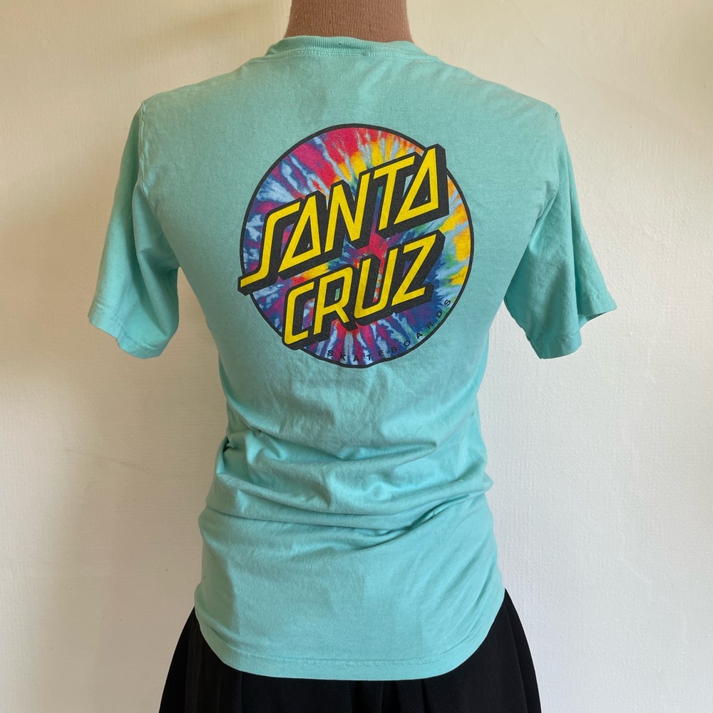 Vintage 90s SANTA CRUZ SKATEBOARD Classic Teal Sea Foam Shirt w Tie Dye Dot Logo